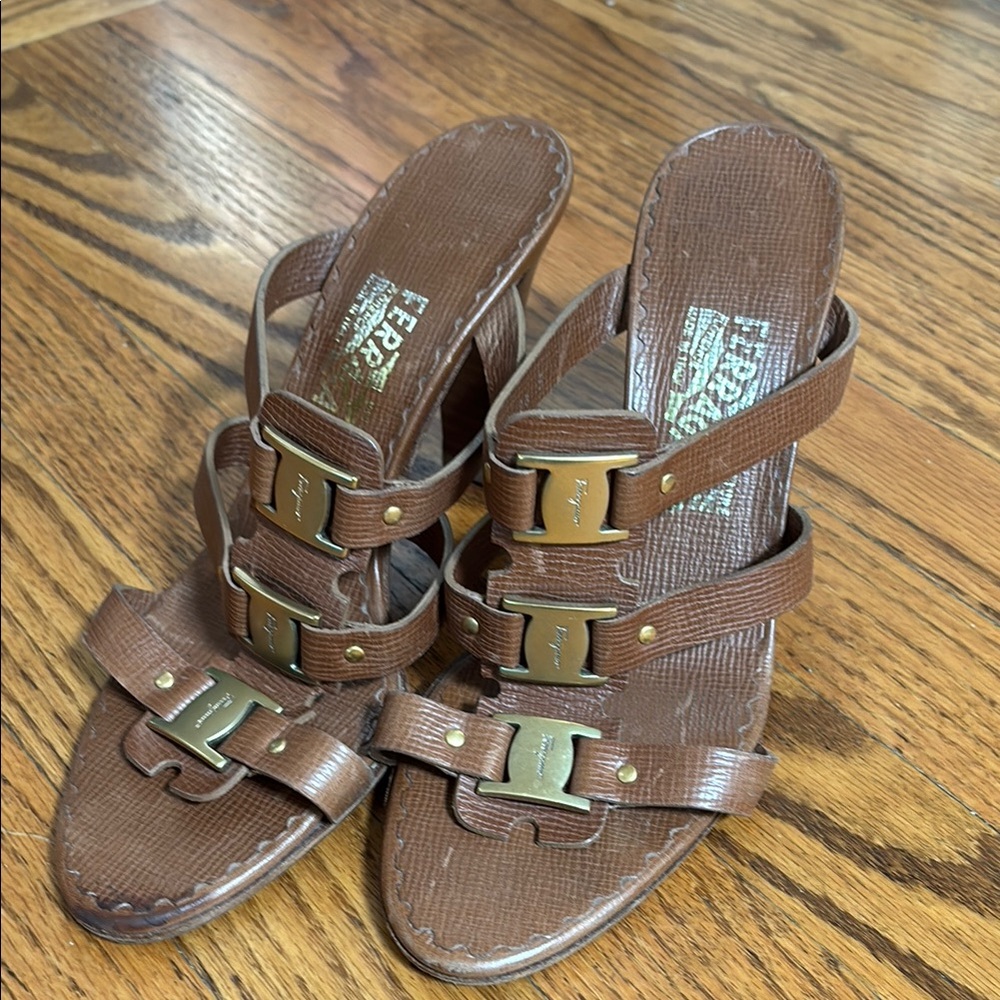 Salvatore Ferragamo Brown Leather Sandals Heels 8.5